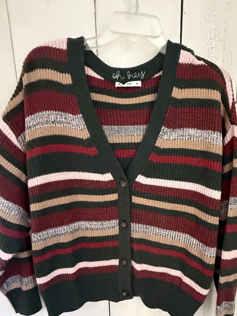 Marine Layer V-Neck Striped Button Cardigan in Forest Green and Burgundy